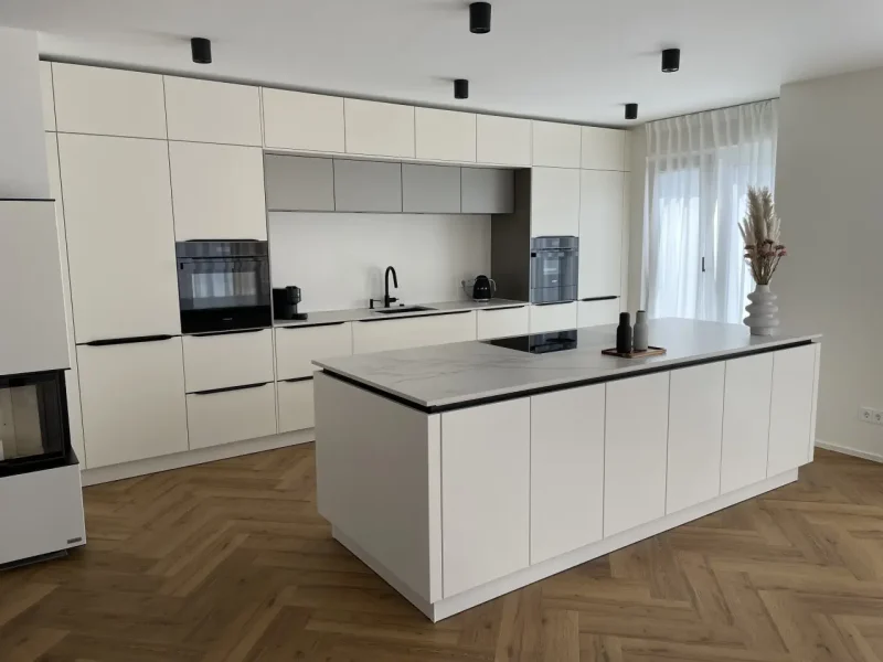 Seitlicher Blick auf die Küche mit Fokus auf die integrierten Elektrogeräte in Brusthöhe.